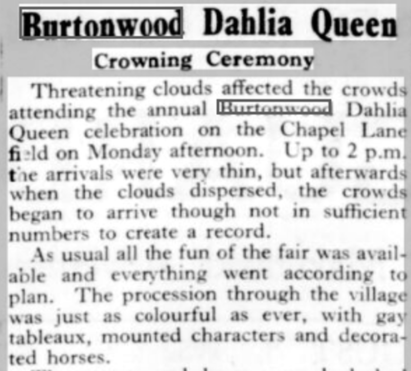 Burtonwood Dahlia Queen Crowning Ceremony 1952