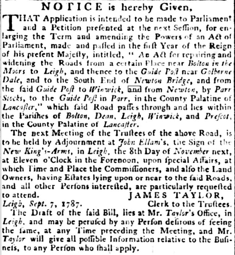 Toll Road Improvements, Newton le Willows 1787