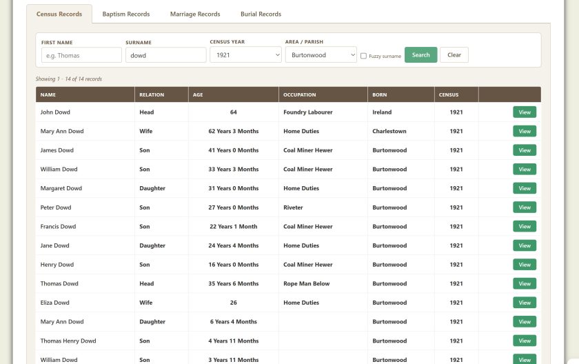 Census, Baptism, Marriages and Burial records